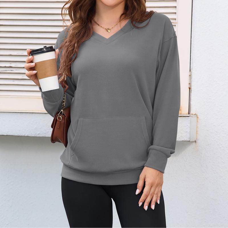 ZZW-Clearance sale🔥 Your Favorite Is Back!Women's Hoodless V-neck Sweatshirt With Kangaroo Pocket Fleece Longsleeve Oversized Casual Style Shirt