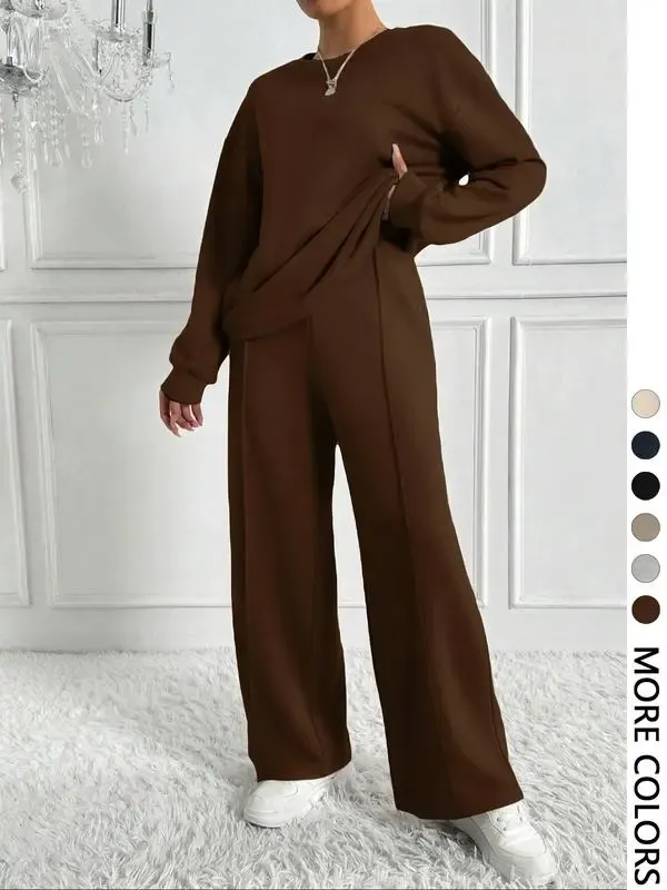 Women's Solid 2-Piece Set: Drop Shoulder Sweatshirt + Elastic Waist Pants