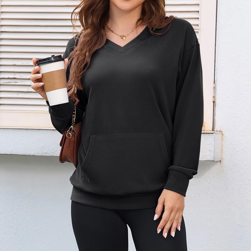 ZZW-Clearance sale🔥 Your Favorite Is Back!Women's Hoodless V-neck Sweatshirt With Kangaroo Pocket Fleece Longsleeve Oversized Casual Style Shirt