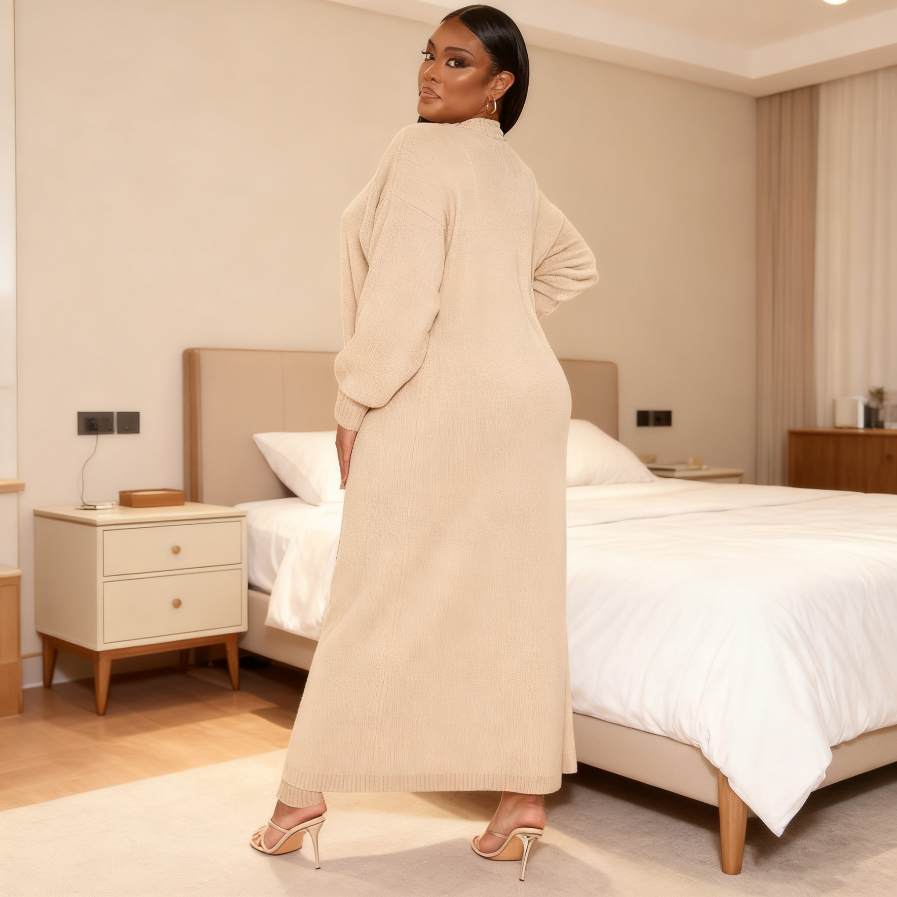 ZZW-Cozy Knit Jumpsuit & Long Cardigan Set