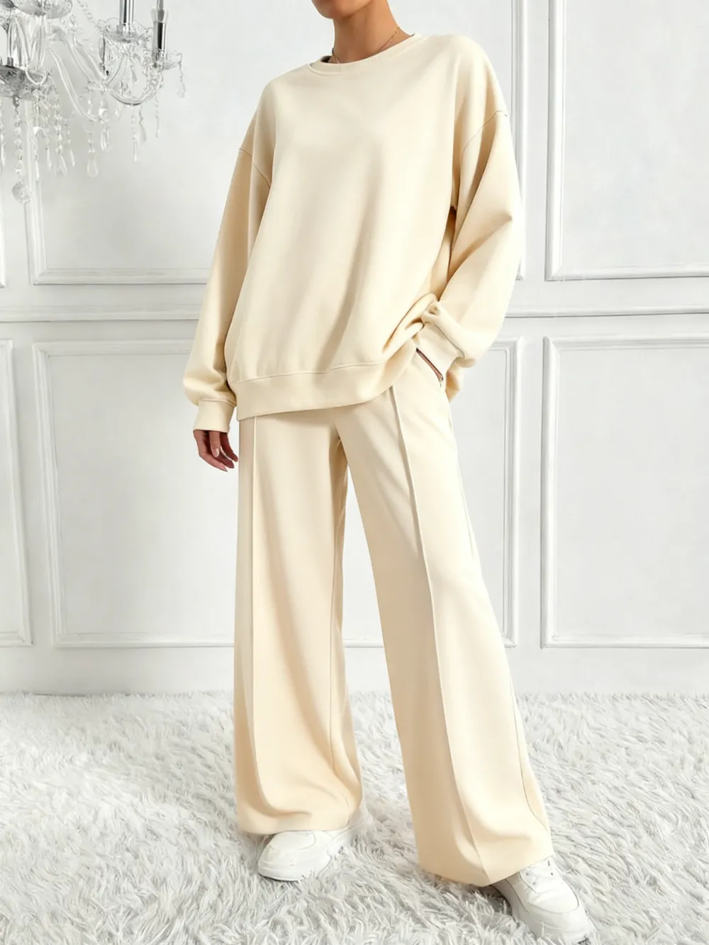 Women's Solid 2-Piece Set: Drop Shoulder Sweatshirt + Elastic Waist Pants