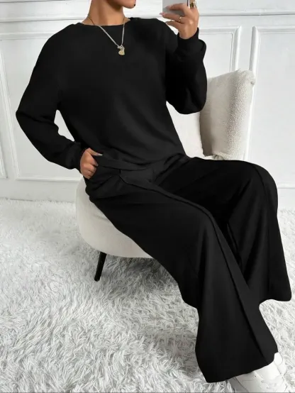 Women's Solid 2-Piece Set: Drop Shoulder Sweatshirt + Elastic Waist Pants