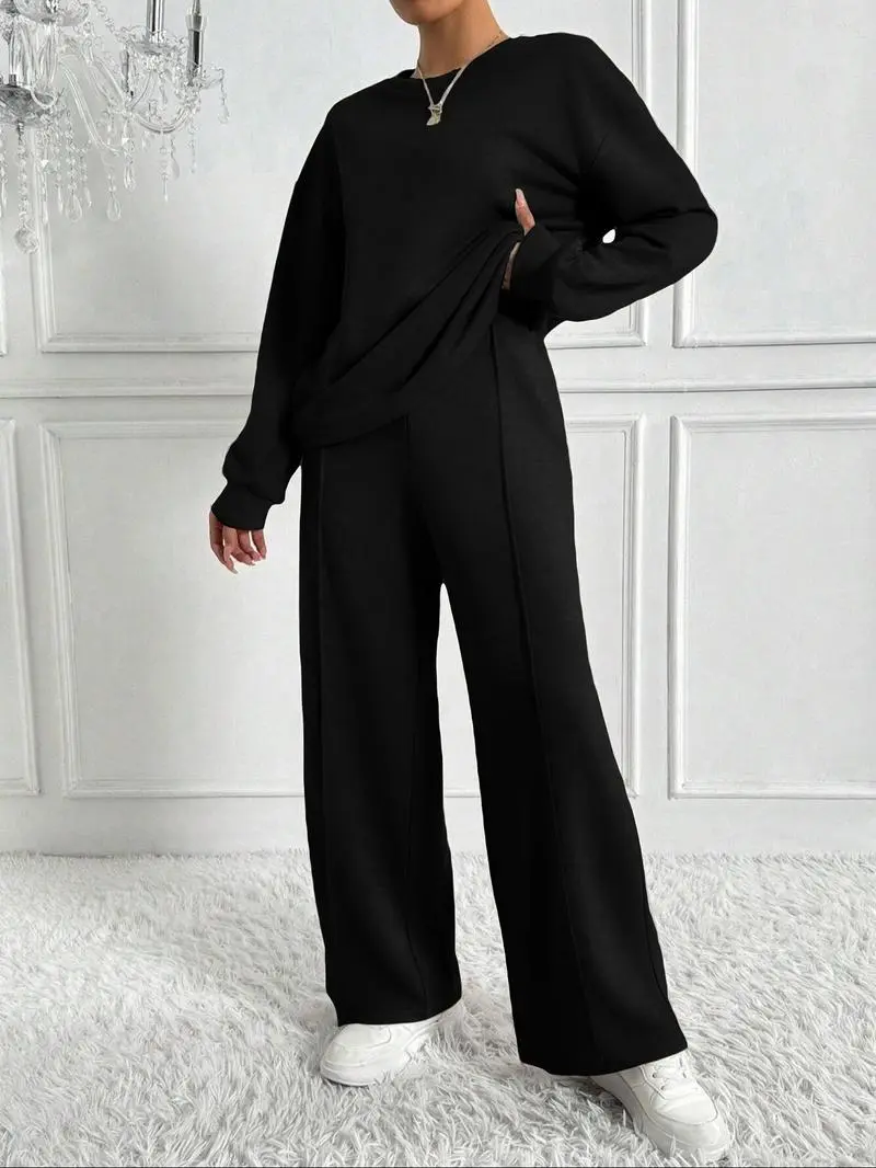 Women's Solid 2-Piece Set: Drop Shoulder Sweatshirt + Elastic Waist Pants
