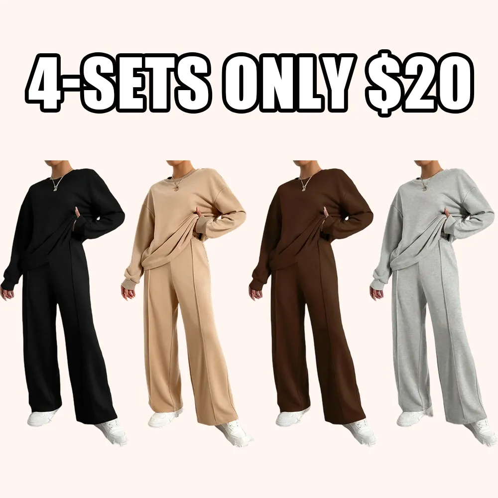 Women's Solid 2-Piece Set: Drop Shoulder Sweatshirt + Elastic Waist Pants