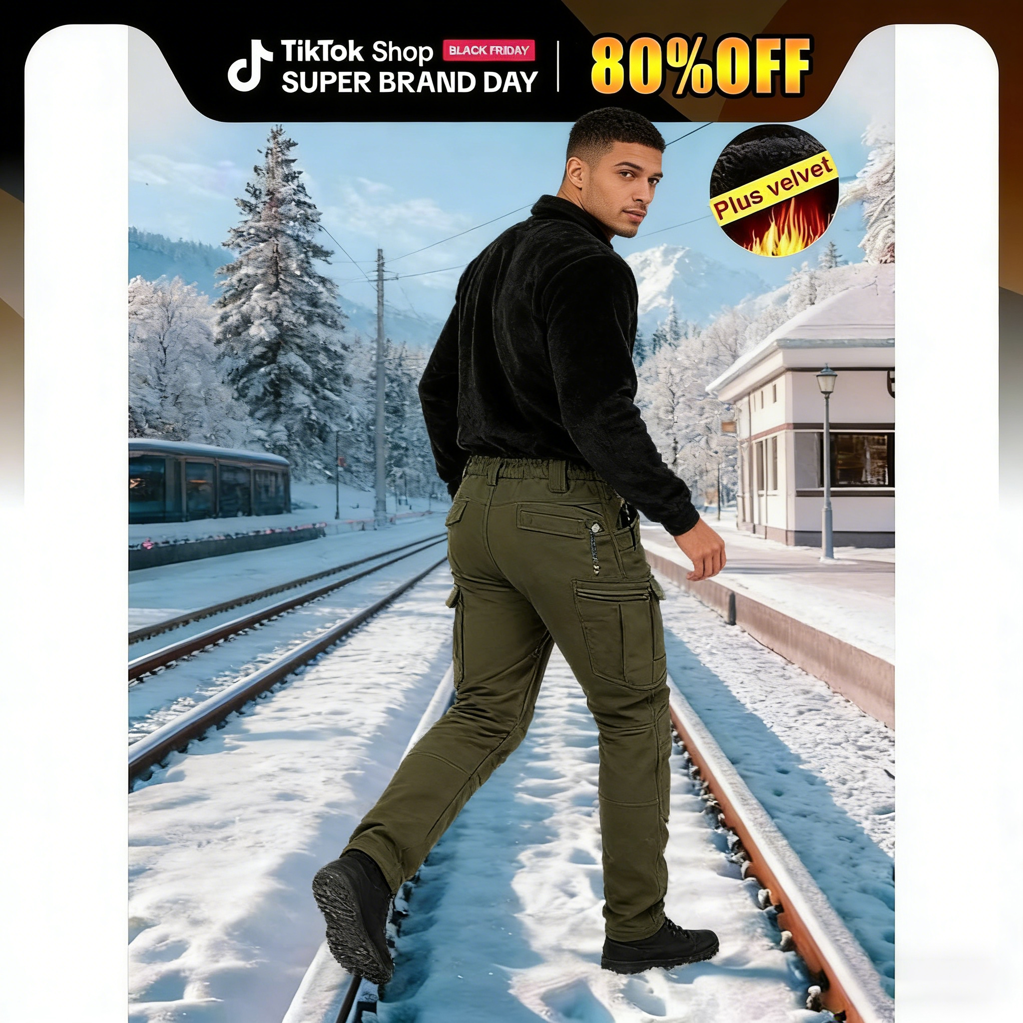 DD 🔥Men's Windproof & Warm Outdoor Tactical Pants - Fleece-Lined, Solid Color, Mid-Rise, 320g Knit Fabric (Belt-Free, Multi-Pocket, Regular Fit) | Fall/Winter Casual Weekend Wear