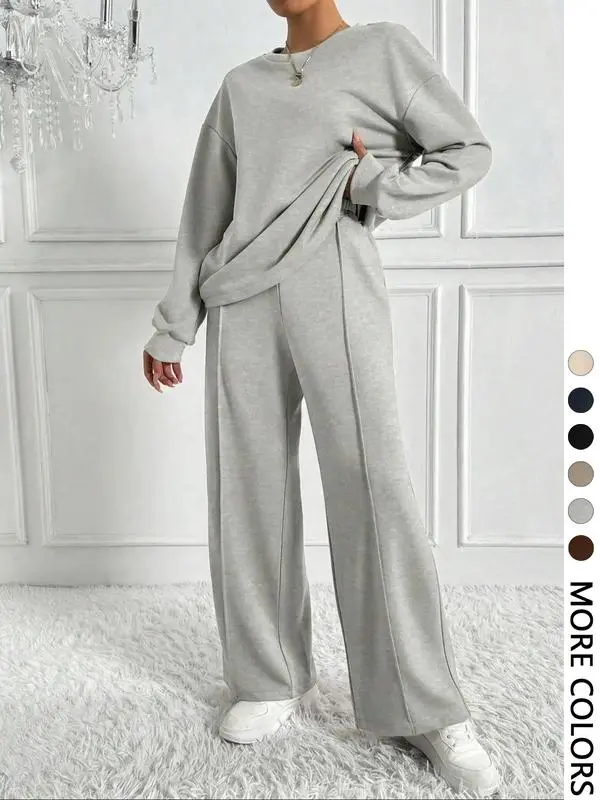 Women's Solid 2-Piece Set: Drop Shoulder Sweatshirt + Elastic Waist Pants