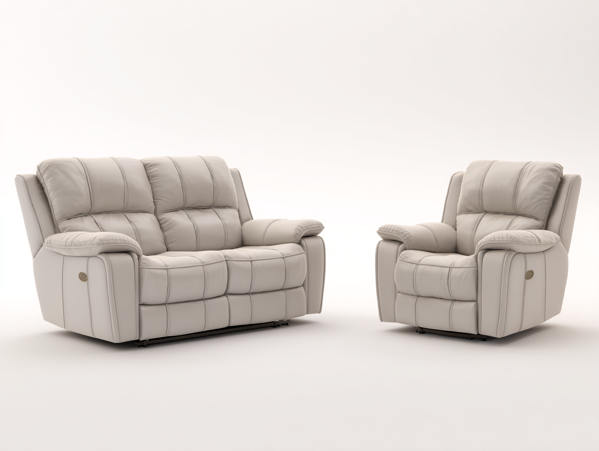 Ensemble canapé deux places et fauteuil en cuir - canapé 170x95x100cm - gris clair - salon - relaxation manuelle style contemporain