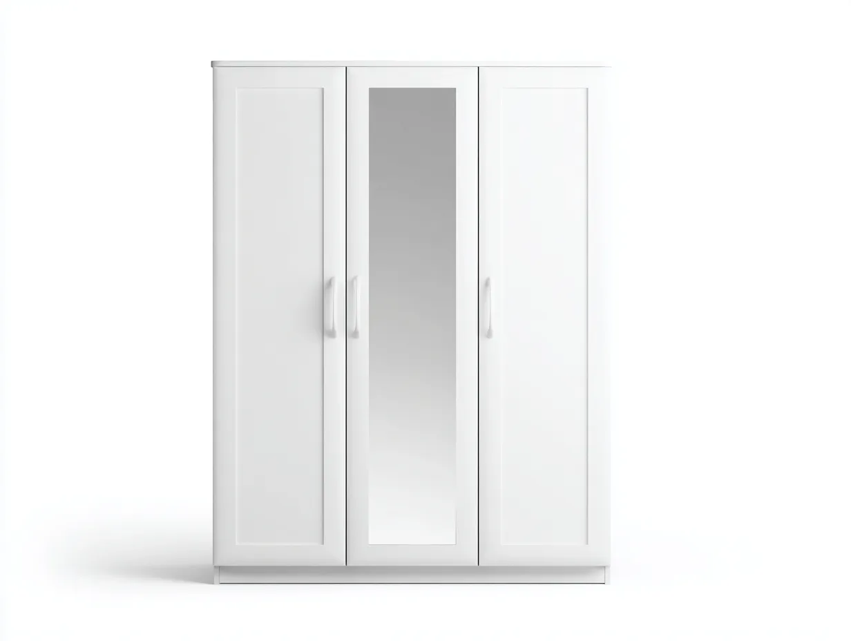 Armoire 3 portes en panneaux bois 130x55x200cm - blanc - chambre - avec miroir central style contemporain