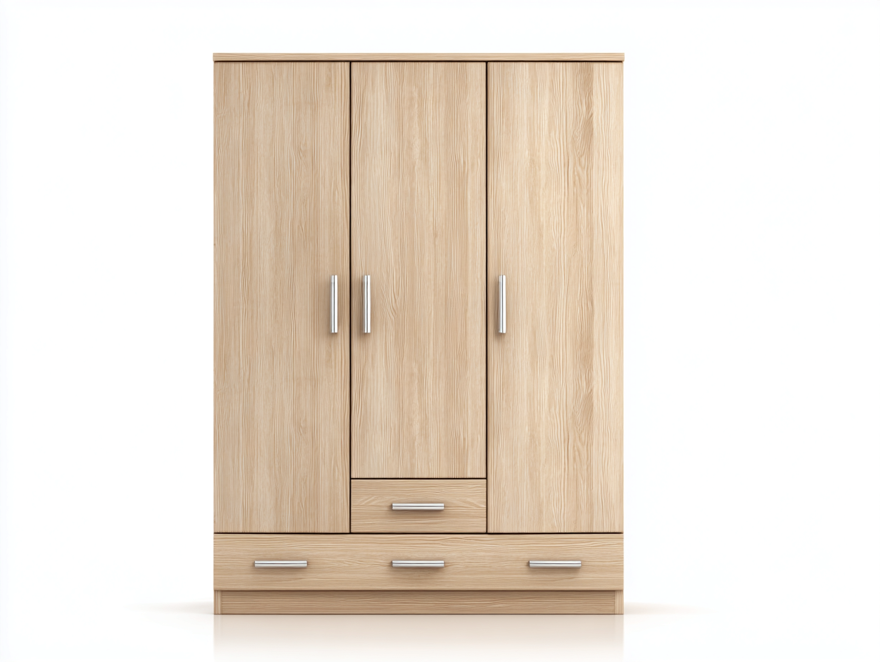 Armoire 3 portes 2 tiroirs en panneaux bois 140x55x200cm - chêne clair - chambre - rangement intégré style contemporain