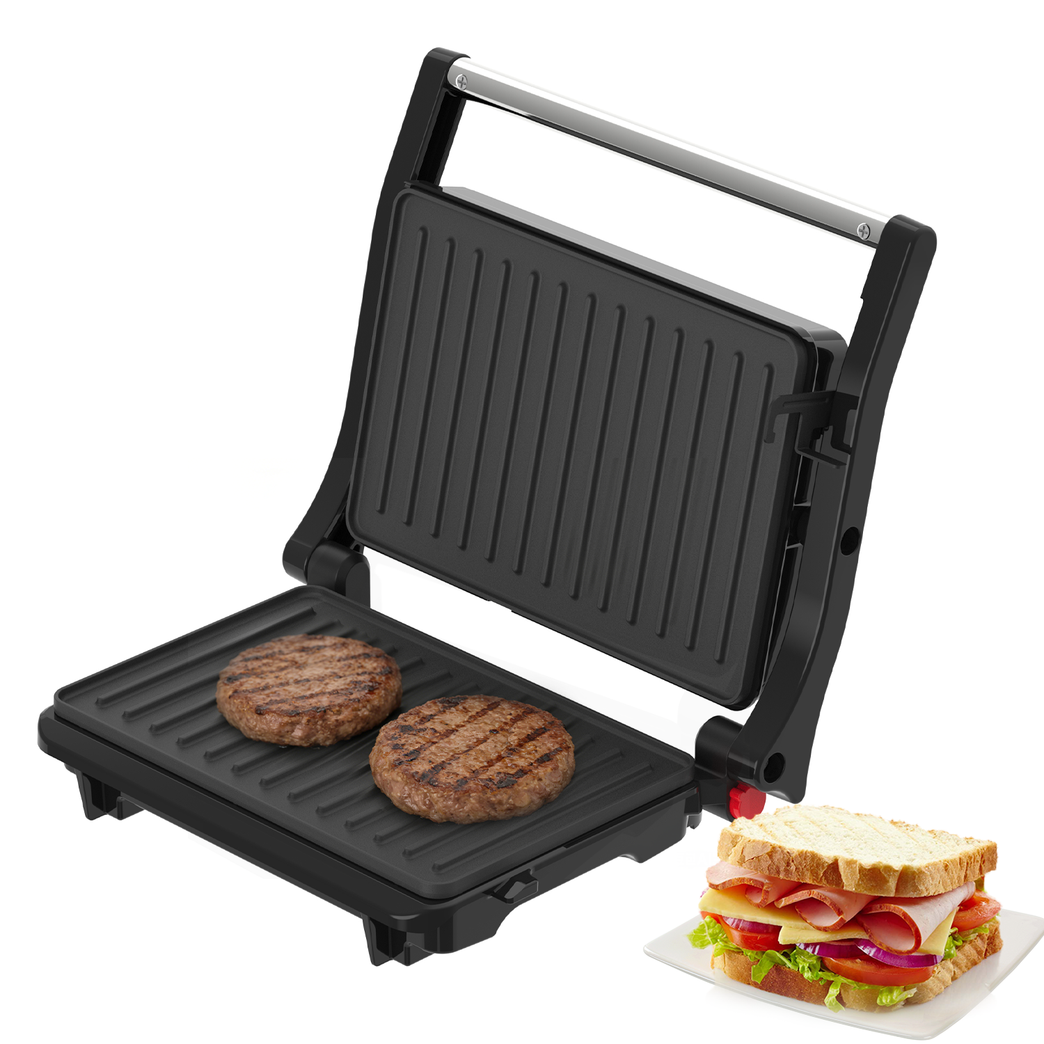 MIRASTON 3-in-1 Panini Press & Pancake Maker, Temperature Controlled 180° Hinge Sandwich Maker, 2-Piece Slicing Grill & Flat Pan
