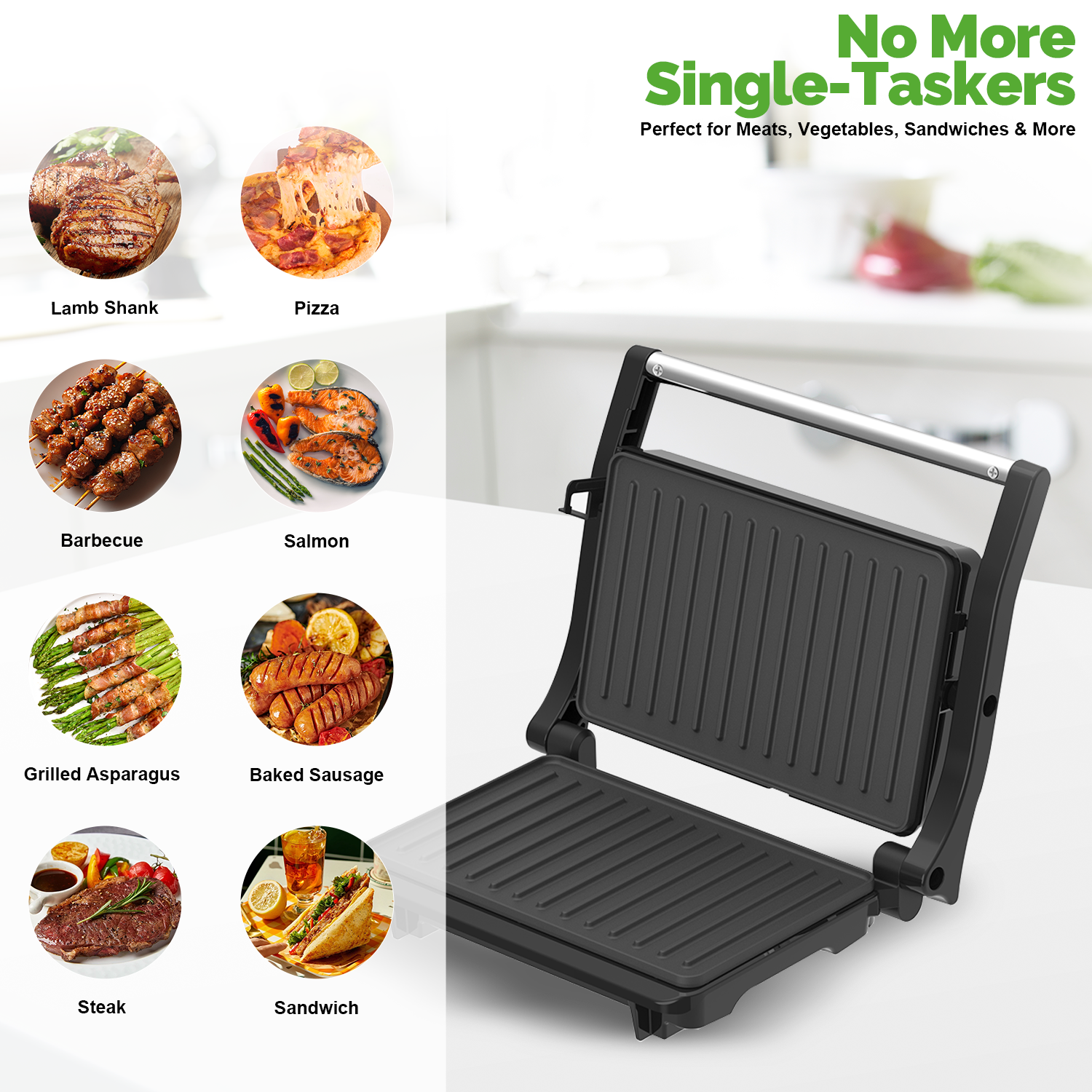 MIRASTON 3-in-1 Panini Press & Pancake Maker, Temperature Controlled 180° Hinge Sandwich Maker, 2-Piece Slicing Grill & Flat Pan