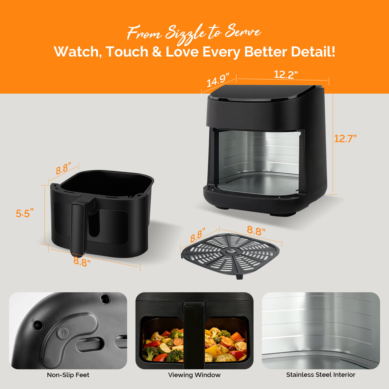 MIRASTON 6.5QT Digital Air Fryer with Visual Window | 8 Preset Cooking Functions | Quiet Operation for Home & Dorm | Perfect for Quick Meals, Snacks & Holiday Gifts