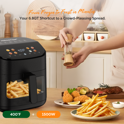 MIRASTON 6.5QT Digital Air Fryer with Visual Window | 8 Preset Cooking Functions | Quiet Operation for Home & Dorm | Perfect for Quick Meals, Snacks & Holiday Gifts