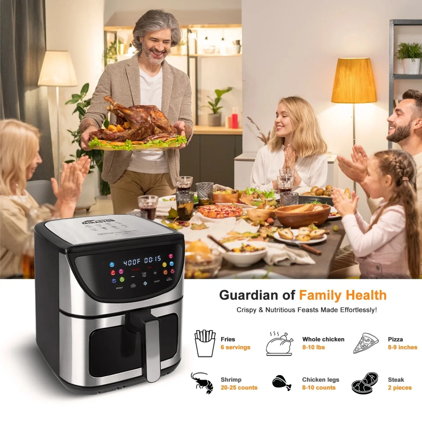 MIRASTON 8.5Qt Digital Glass Air Fryer,10 Prestes, 10-in-1 All-in-One for Family, Stainless Steel, Black