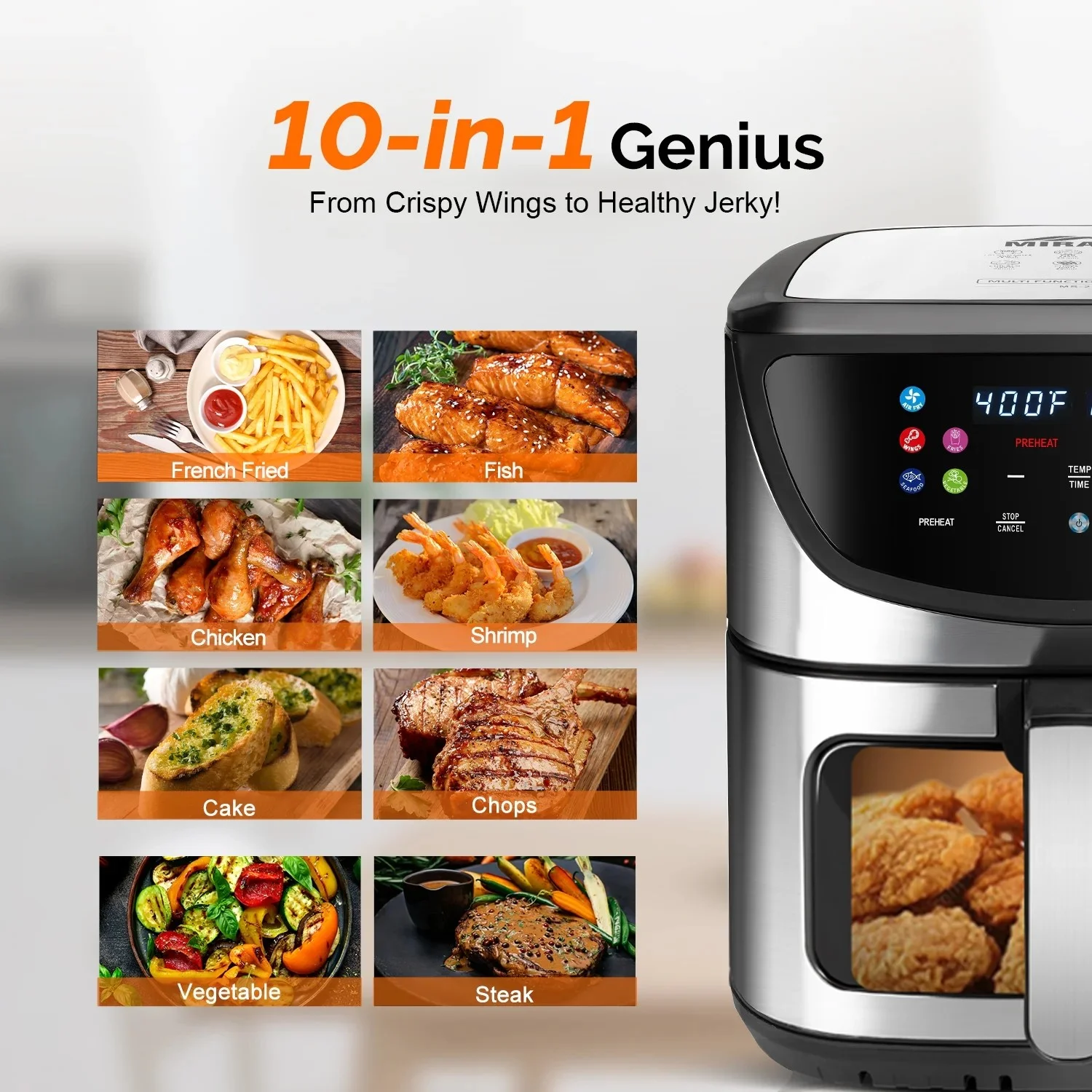 MIRASTON 8.5Qt Digital Glass Air Fryer,10 Prestes, 10-in-1 All-in-One for Family, Stainless Steel, Black