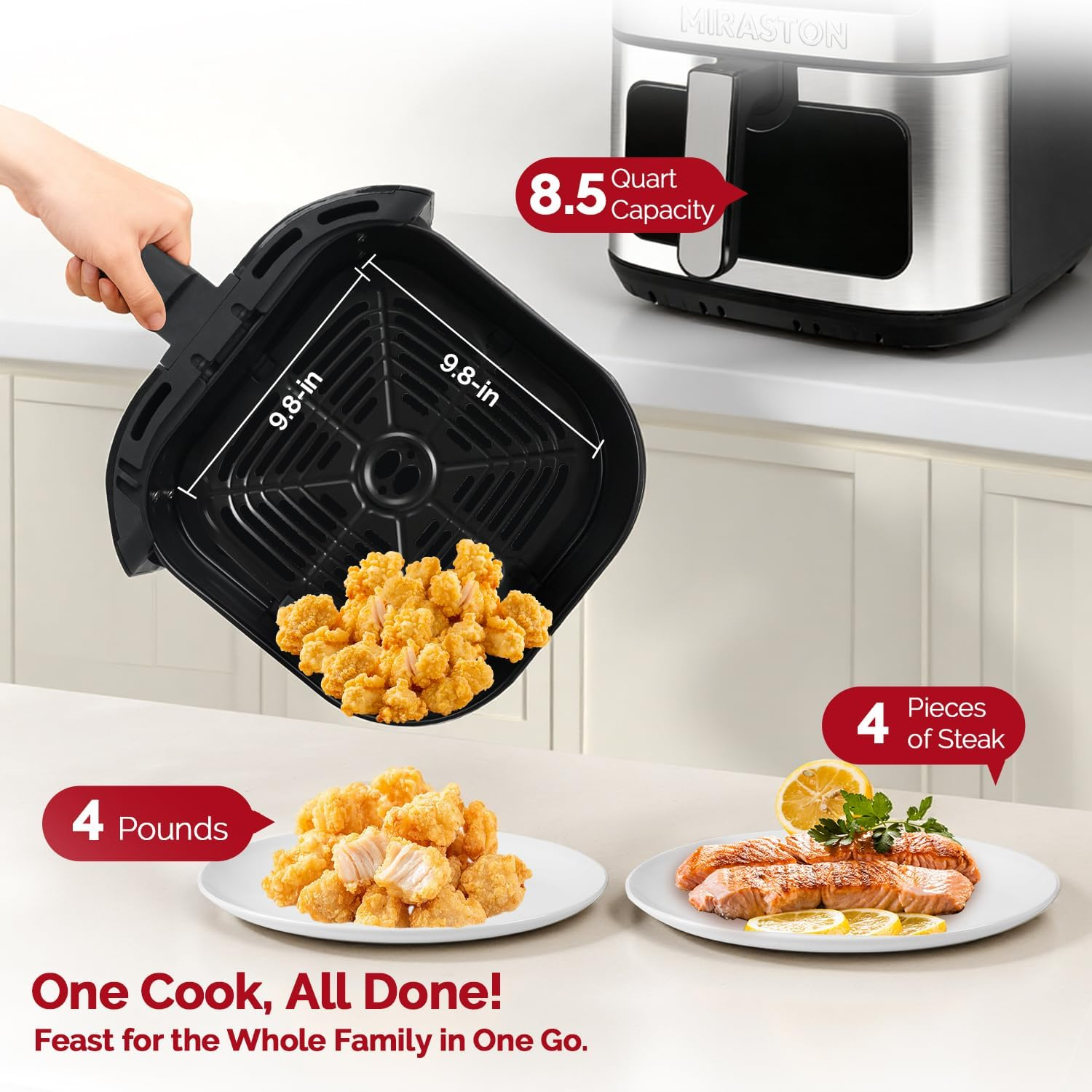MIRASTON Air Fryer, 8.5-QT Family Size, 8 Preset Recipes, One-Touch Digital Control Presets, Stainless Steel