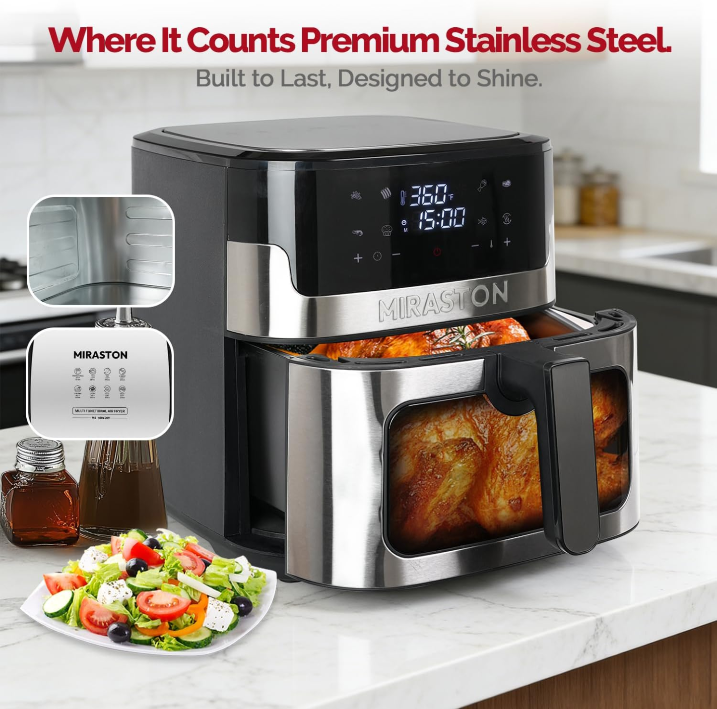 MIRASTON Air Fryer, 8.5-QT Family Size, 8 Preset Recipes, One-Touch Digital Control Presets, Stainless Steel