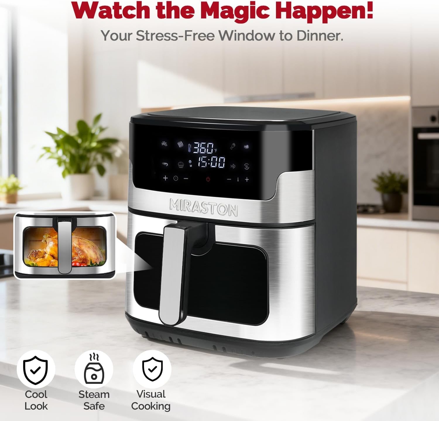 MIRASTON Air Fryer, 8.5-QT Family Size, 8 Preset Recipes, One-Touch Digital Control Presets, Stainless Steel