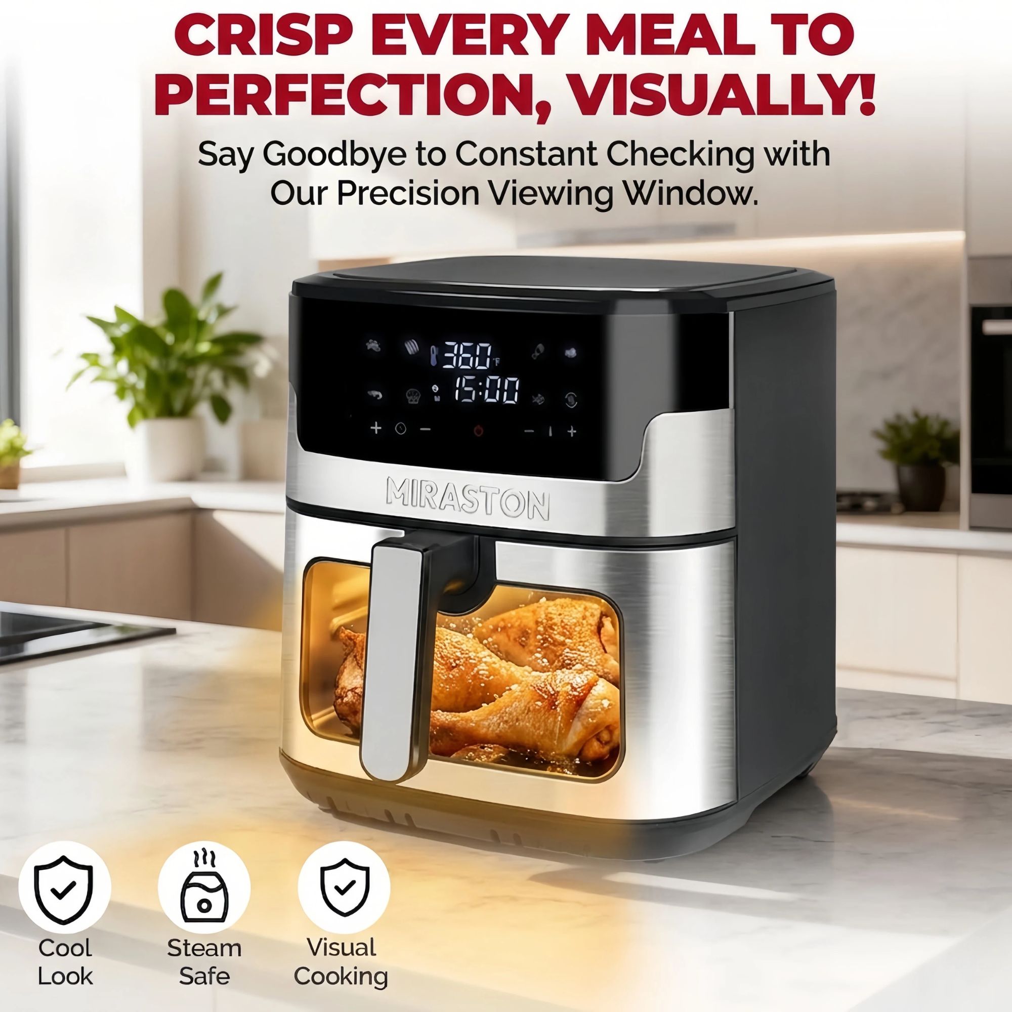 MIRASTON 8.5-Quart Air Fryer, 8 Preset Touchscreen, Dishwasher-Safe Basket, Stainless Steel