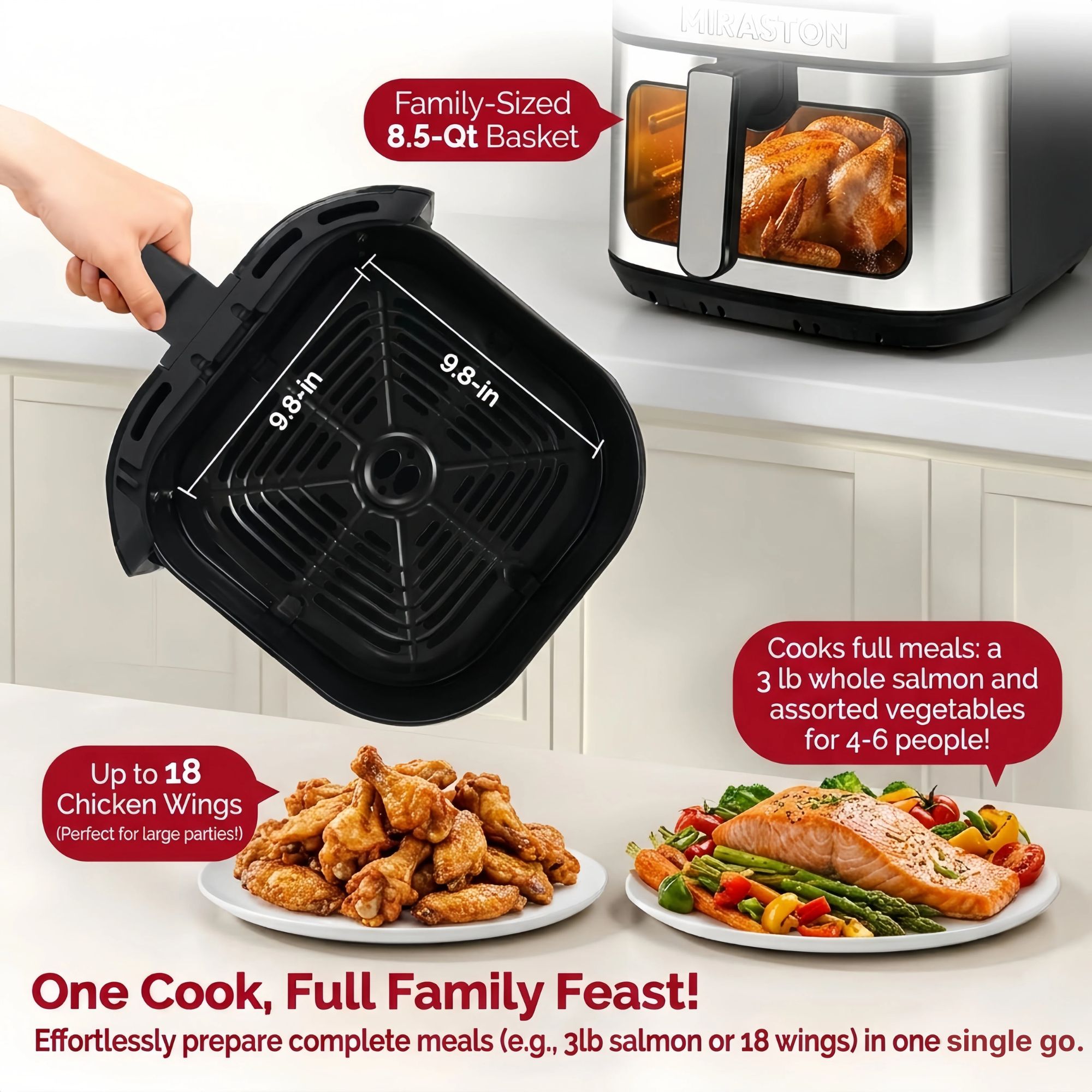 MIRASTON 8.5-Quart Air Fryer, 8 Preset Touchscreen, Dishwasher-Safe Basket, Stainless Steel