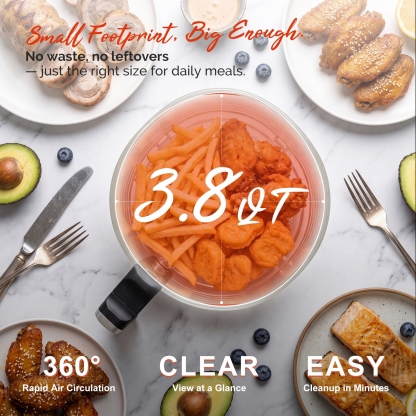 3.8QT Small Glass Air Fryer, Non-Toxic BPA-Free Glass Bowl