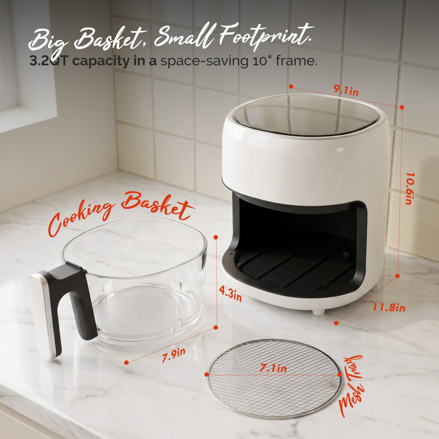 3.8QT Small Glass Air Fryer, Non-Toxic BPA-Free Glass Bowl