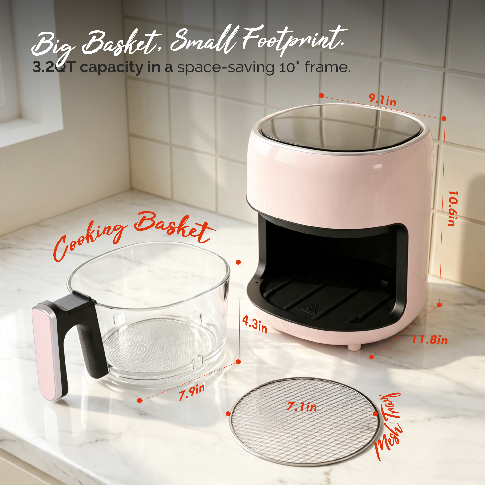 3.8QT Small Glass Air Fryer, Non-Toxic BPA-Free Glass Bowl