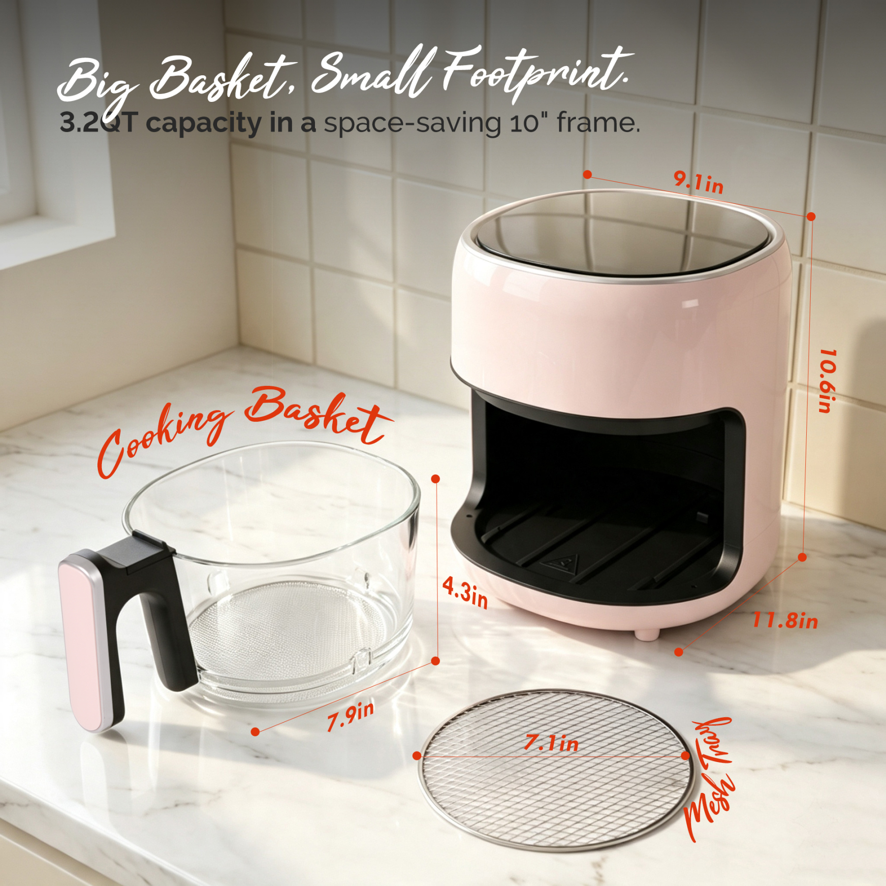 3.8QT Small Glass Air Fryer, Non-Toxic BPA-Free Glass Bowl