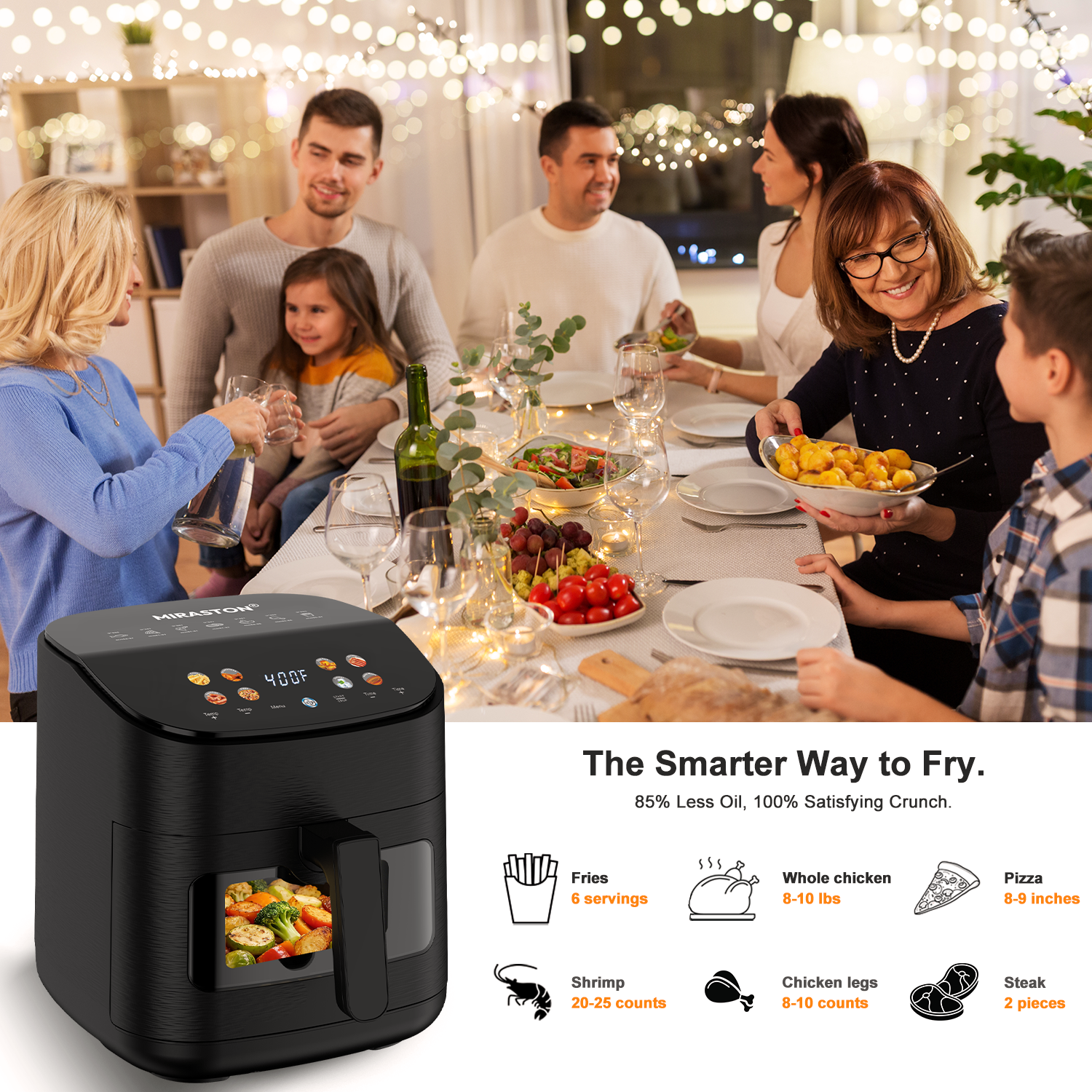 MIRASTON 6.5QT Digital Air Fryer with Visual Window | 8 Preset Cooking Functions | Quiet Operation for Home & Dorm | Perfect for Quick Meals, Snacks & Holiday Gifts