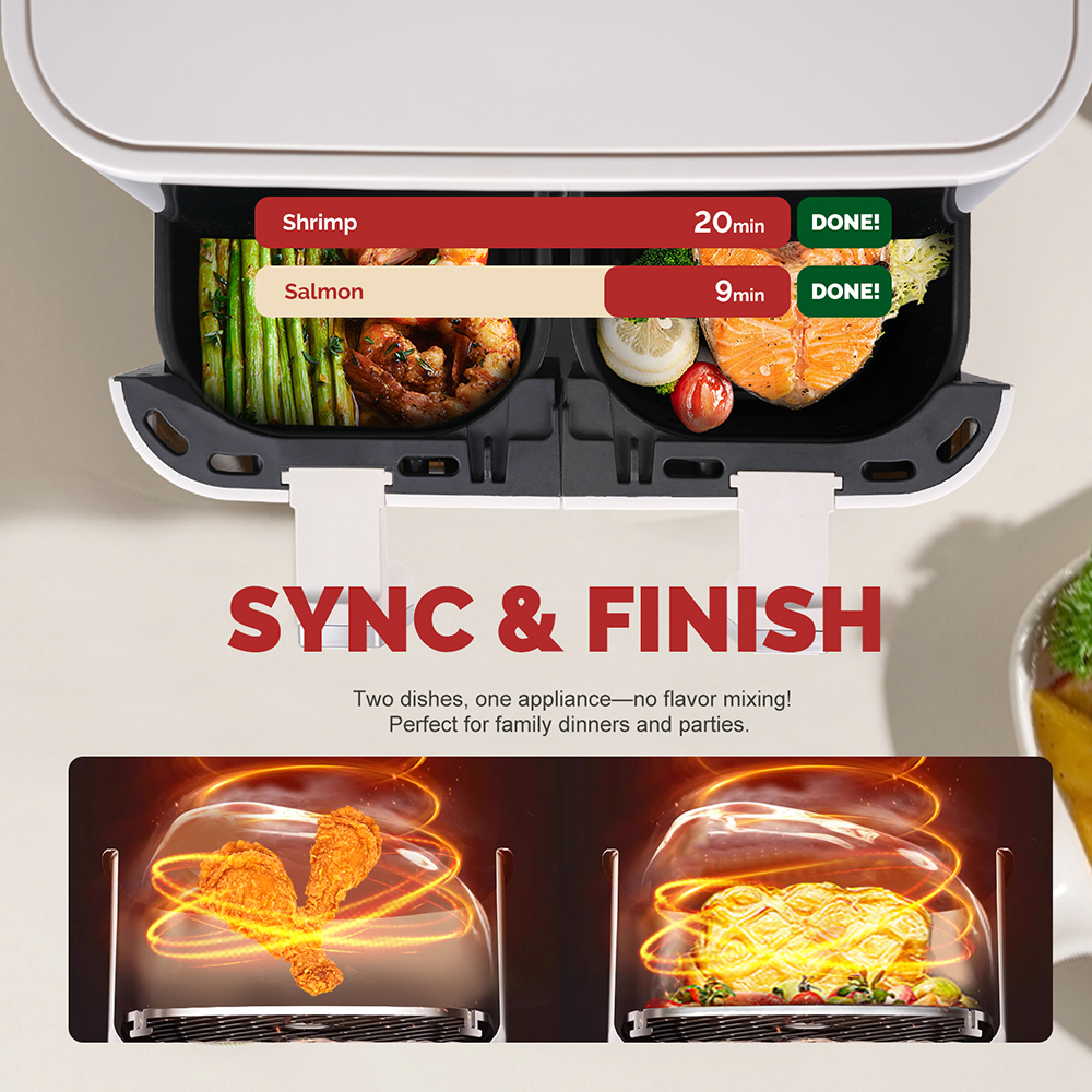 MIRASTON 10QT Dual Basket Air Fryer, 8-in-1 Smart Touchscreen with Sync Finish & Dual Zone Temp Control, 2 Separate Nonstick Baskets for Large Family, Aesthetic White for Any Countertop