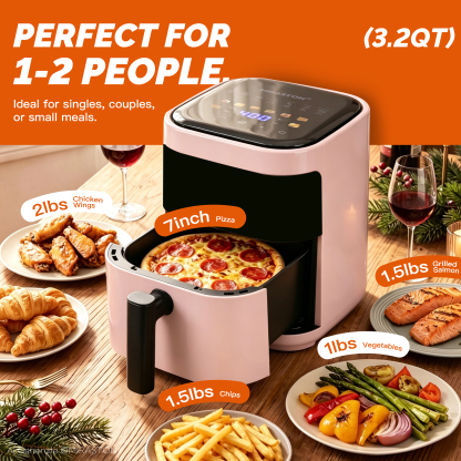 MIRASTON 3.2 Quart Compact Air Fryer with Viewing Window, 1200W Digital Touchscreen Countertop Oilless Cooker, Nonstick Dishwasher-Safe Basket, Pink