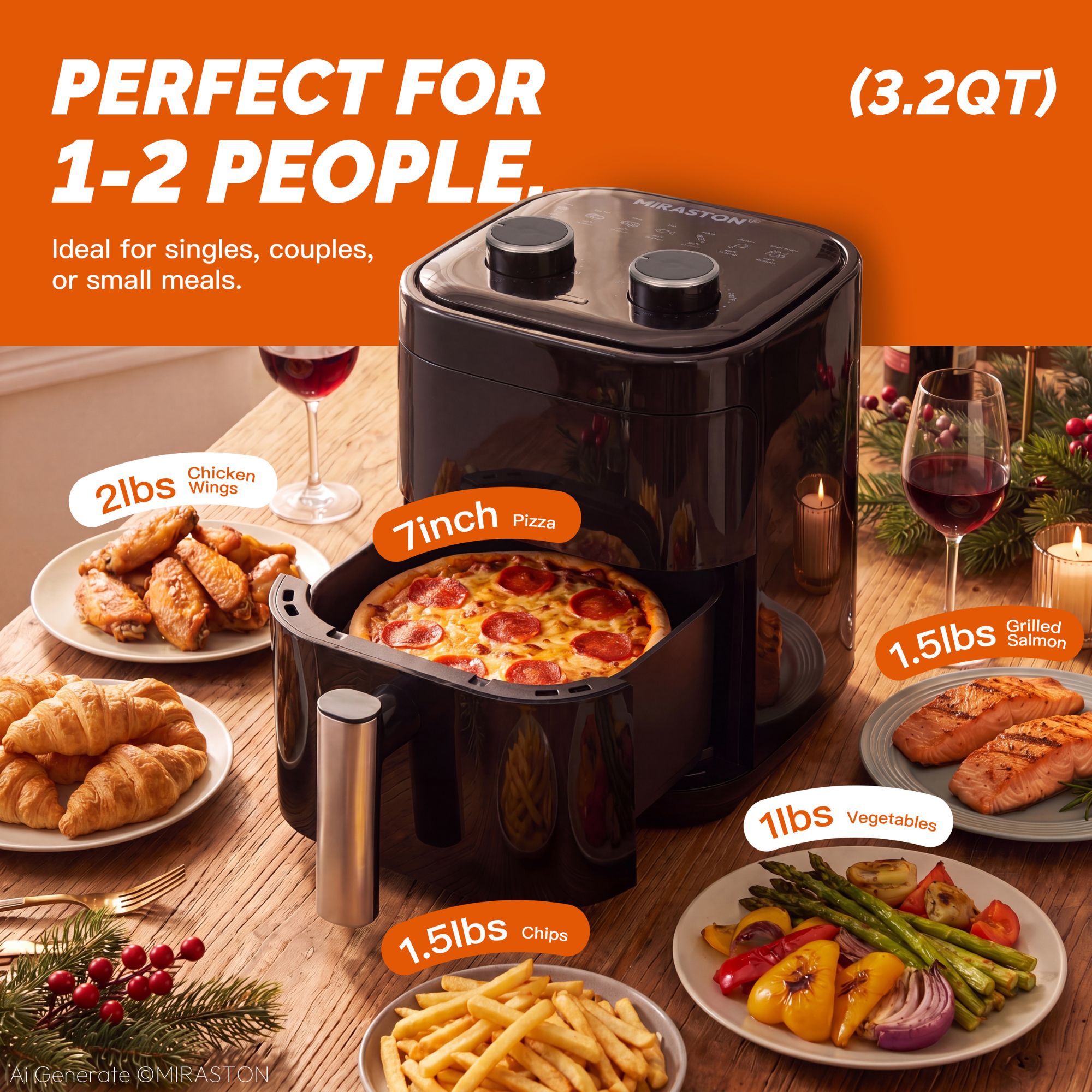 MIRASTON 3.2 Quart Mini Air Fryer, Compact Nonstick Personal Air Fryer with Dial Control and Dishwasher Safe Basket, Black