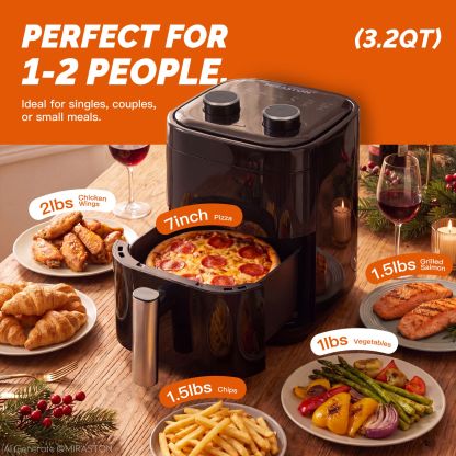 MIRASTON 3.2 Quart Mini Air Fryer, Compact Nonstick Personal Air Fryer with Dial Control and Dishwasher Safe Basket, Black