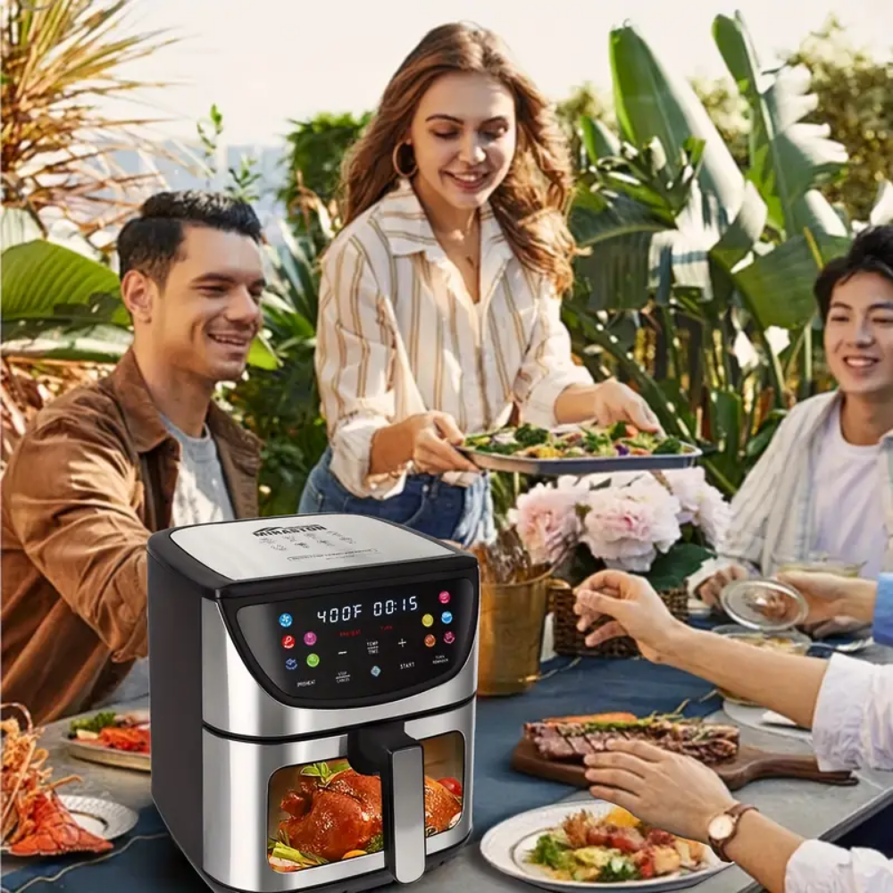 MIRASTON 8.5Qt Digital Glass Air Fryer,10 Prestes, 10-in-1 All-in-One for Family, Stainless Steel, Black