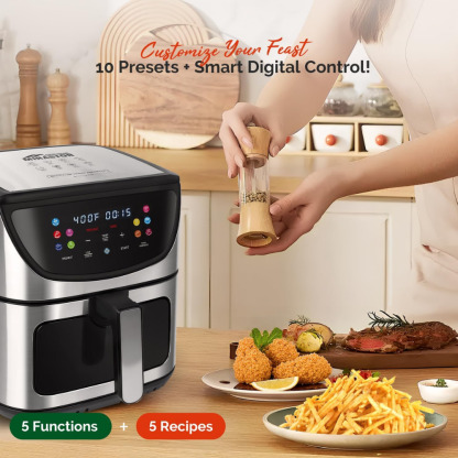 MIRASTON 8.5Qt Digital Glass Air Fryer,10 Prestes, 10-in-1 All-in-One for Family, Stainless Steel, Black