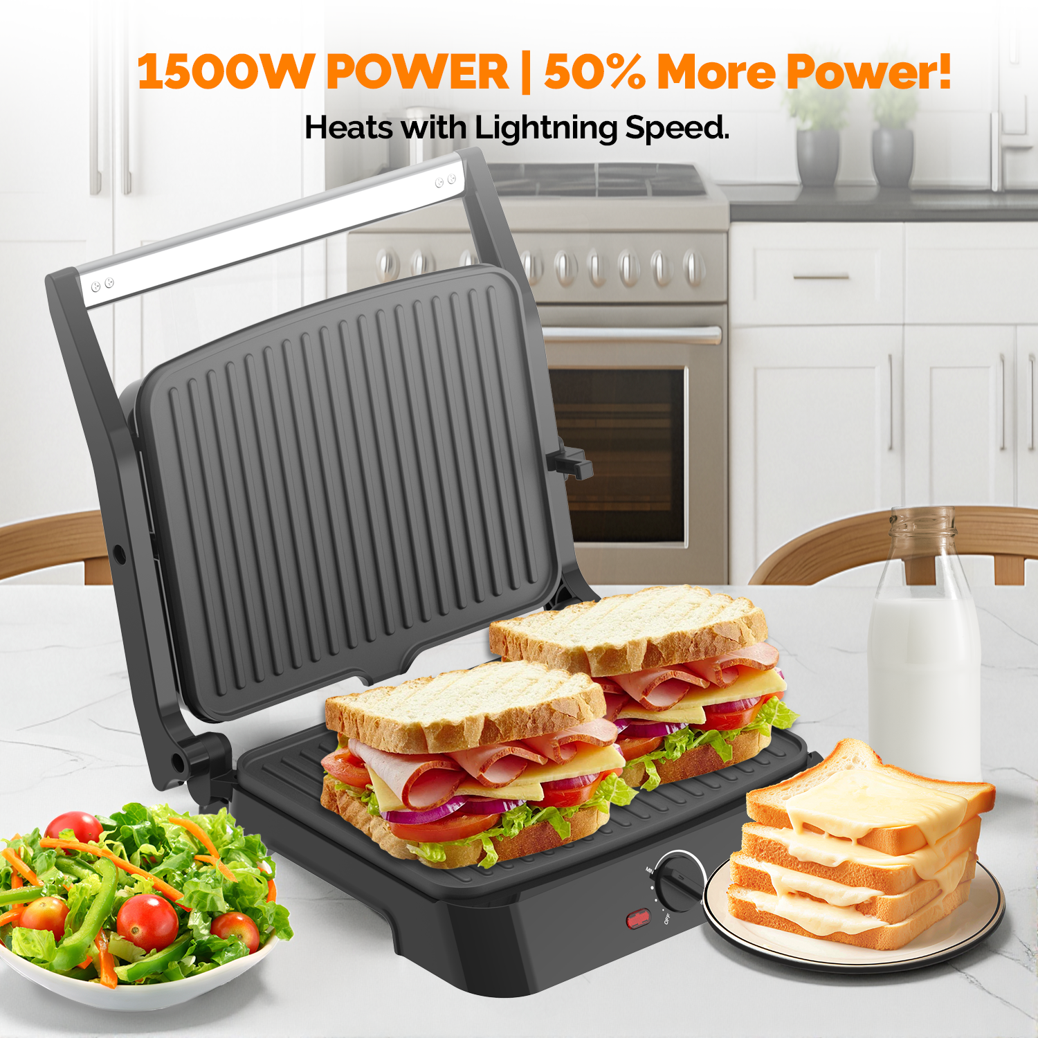 MIRASTON Electric Panini Press Grill and Sandwich Maker / 8.5" x 11" Non-Stick Coated Plates, Opens 180 Degrees to Fit Any Type or Size Food, Dishwasher Safe, Sliver