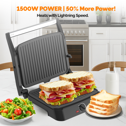 MIRASTON Electric Panini Press Grill and Sandwich Maker / 8.5" x 11" Non-Stick Coated Plates, Opens 180 Degrees to Fit Any Type or Size Food, Dishwasher Safe, Sliver