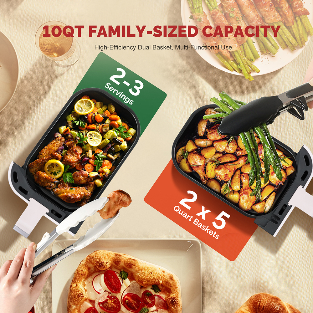 MIRASTON 10QT Dual Basket Air Fryer, 8-in-1 Smart Touchscreen with Sync Finish & Dual Zone Temp Control, 2 Separate Nonstick Baskets for Large Family, Aesthetic White for Any Countertop