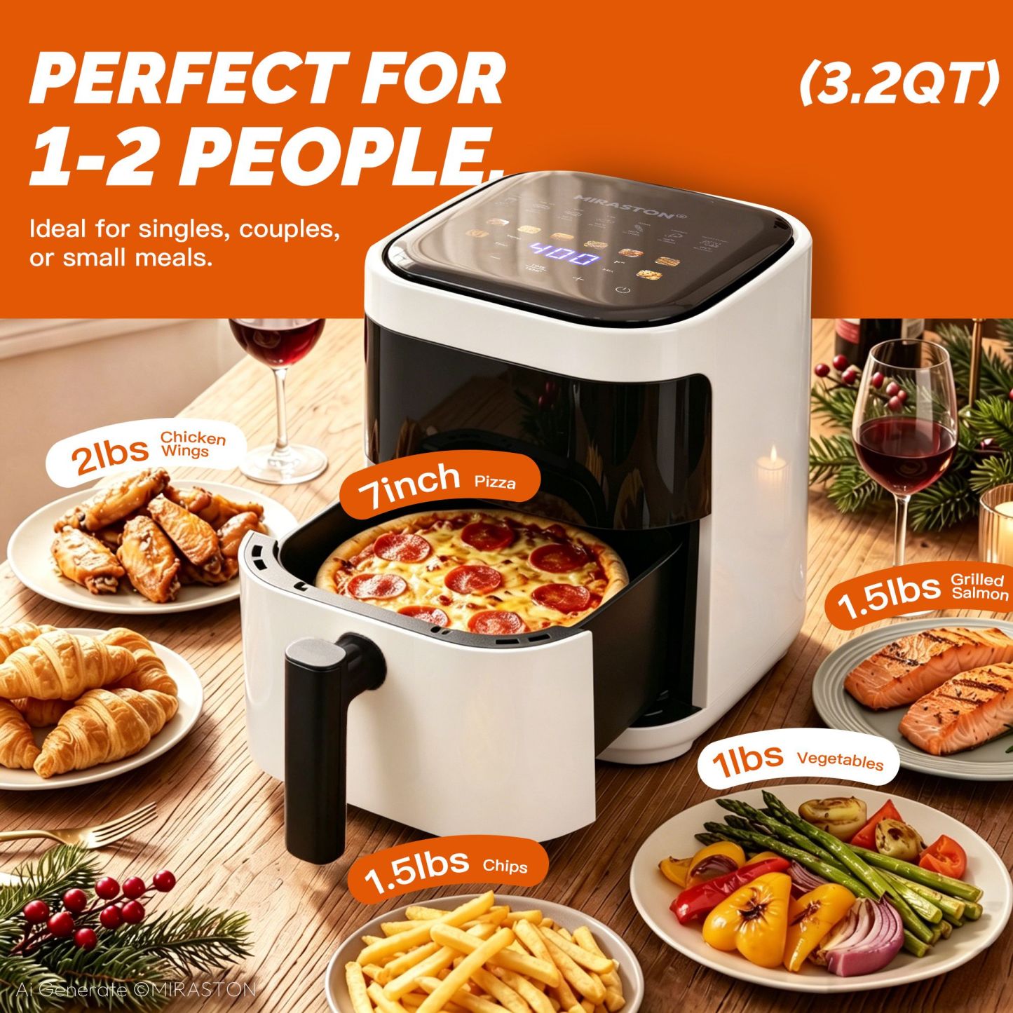 MIRASTON 3.2 Quart Compact Air Fryer with Viewing Window, 1200W Digital Touchscreen Countertop Oilless Cooker, Nonstick Dishwasher-Safe Basket, White