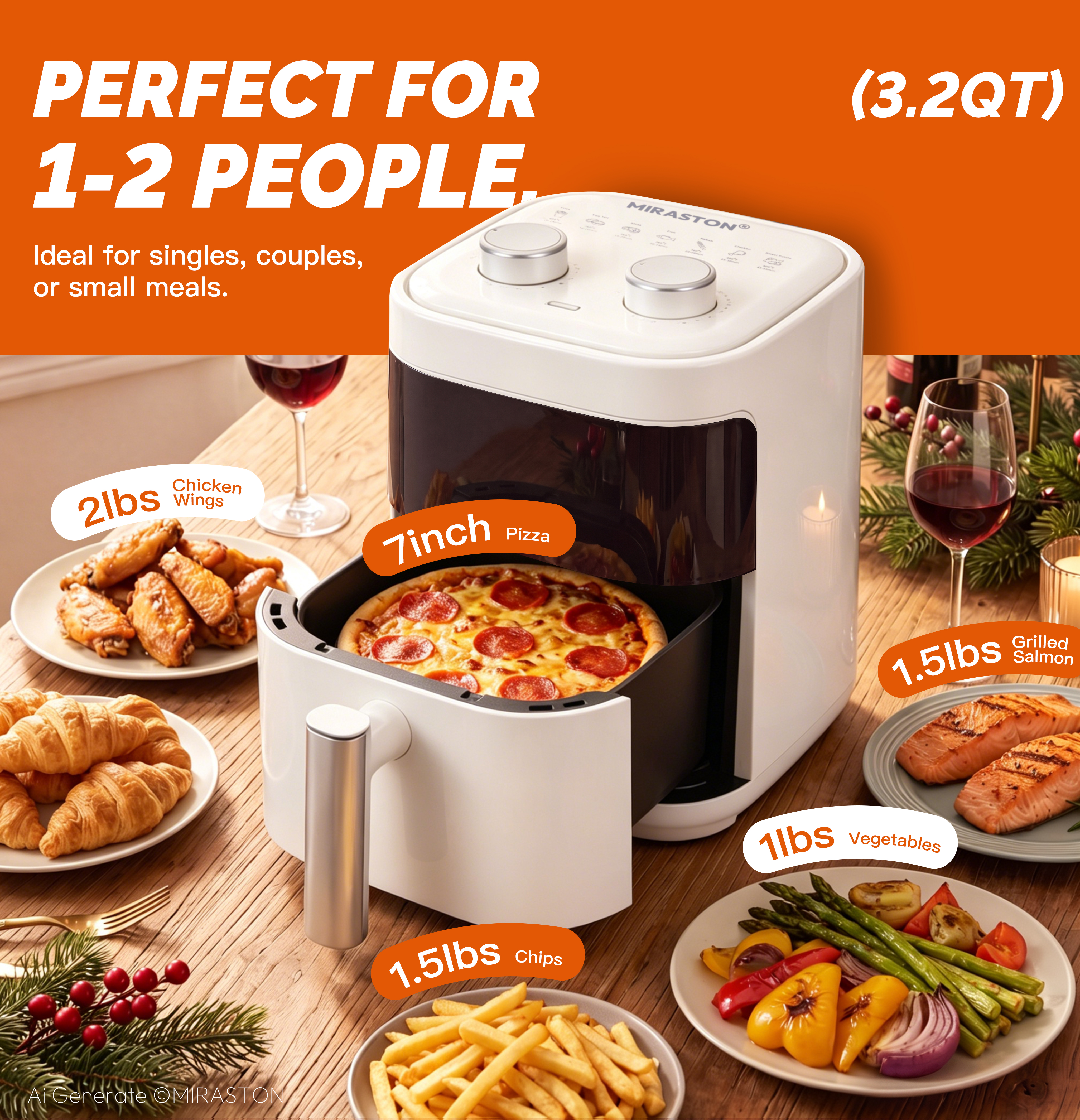MIRASTON 3.2 Quart Compact Air Fryer with Viewing Window, 1200W Dual-Knob Manual Control Countertop Oilless Cooker, Nonstick Dishwasher-Safe Basket, White