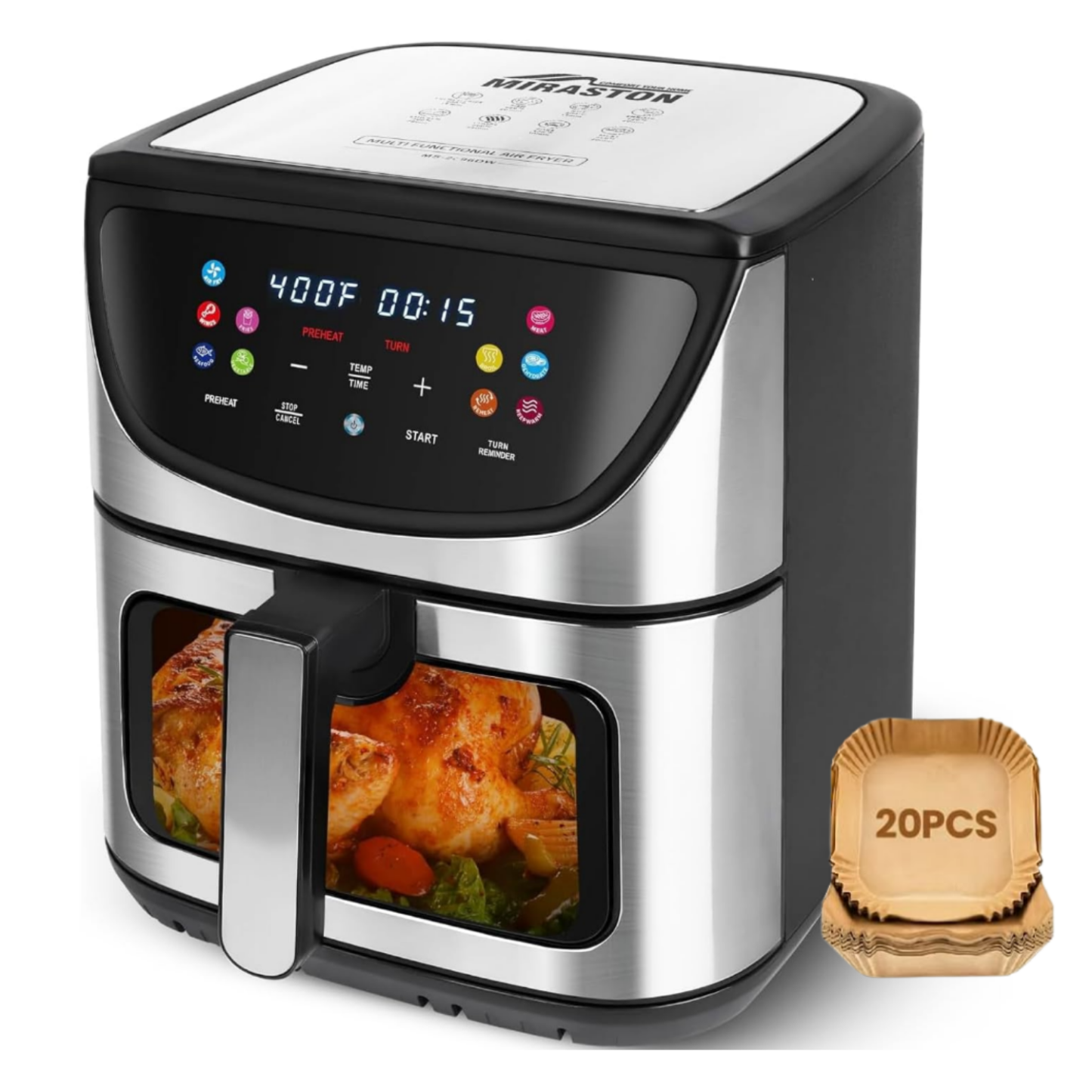 MIRASTON 8.5QT Large Capacity Air Fryer with Color Tilt-Screen, Better Viewing Angles, 10 Smart Presets, Visible Cooking Window, Stainless Steel, 1500W