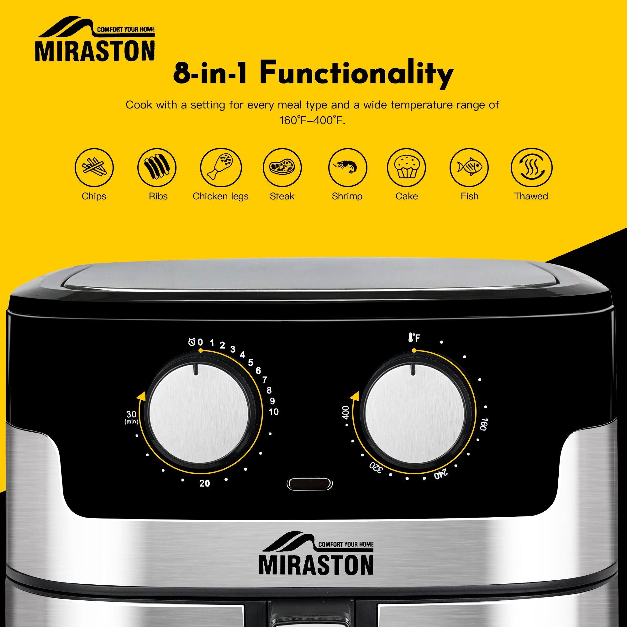 MIRASTON 8.5QT Dials Large Capacity Air Fryer Easy-to-Use Manual Design for Healthy Meals 1500W
