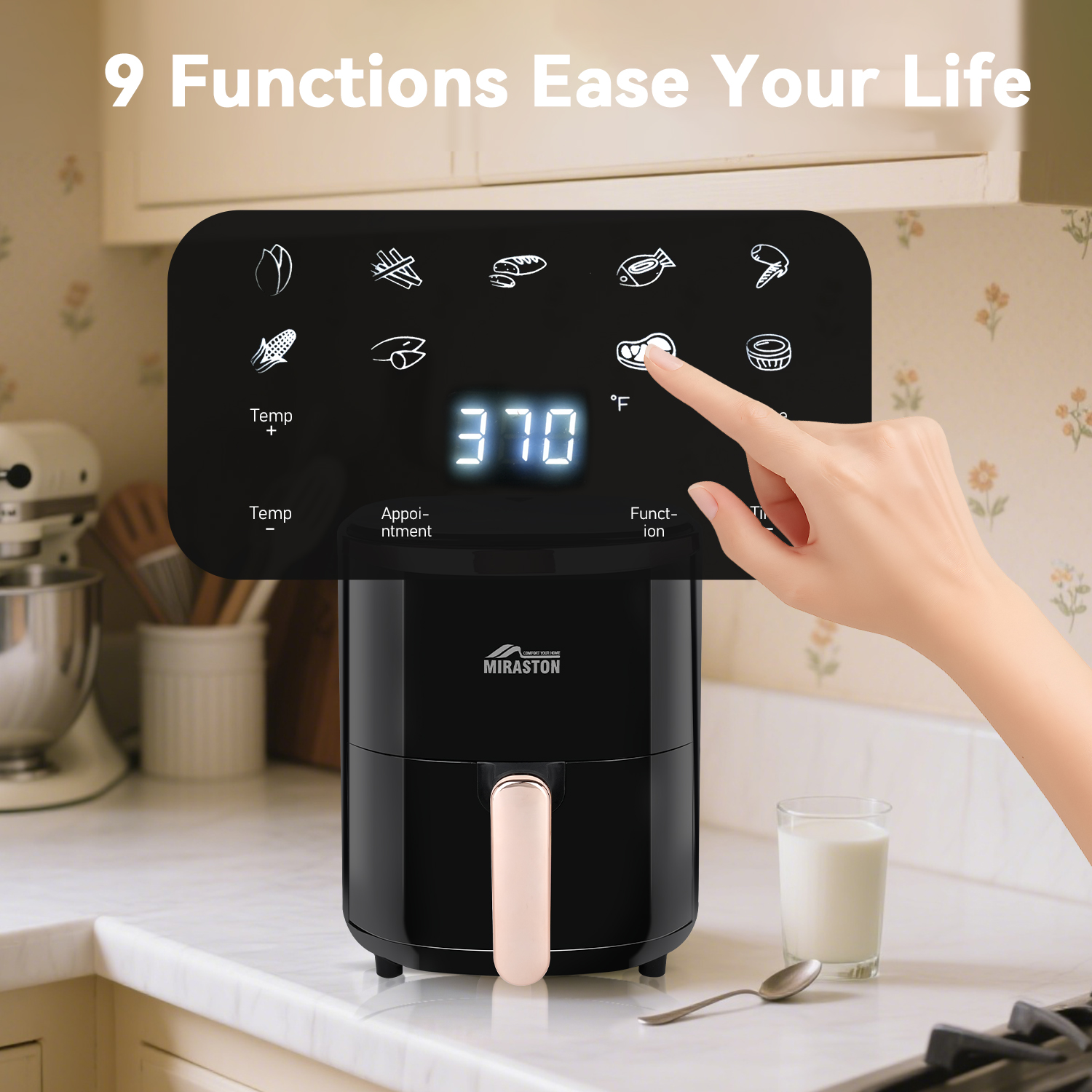 Miraston Compact 3.6-Quart Air Fryer, 9 Presets and Digital Display, Oil-Less Cooking, Black