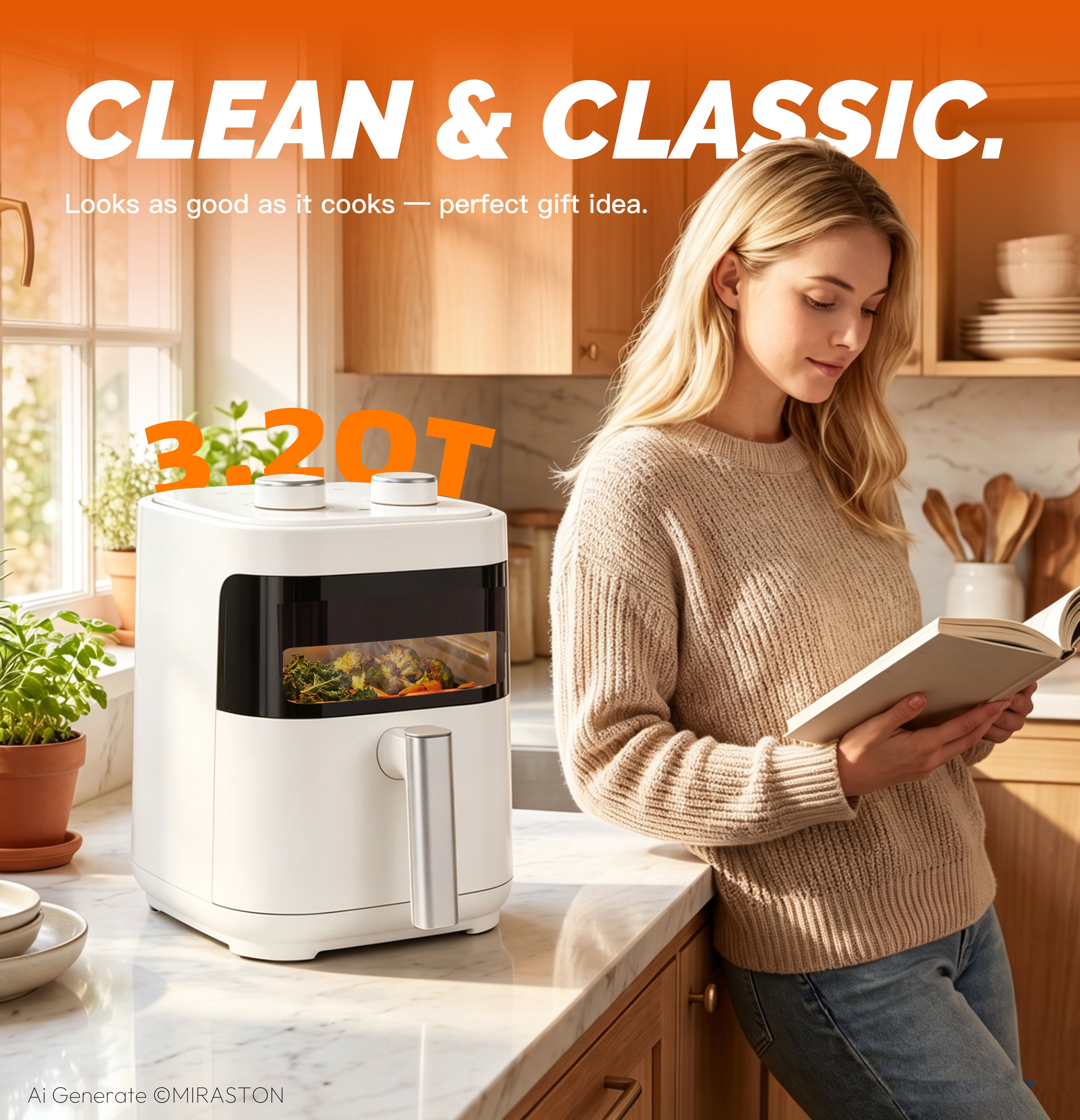 MIRASTON 3.2 Quart Compact Air Fryer with Viewing Window, 1200W Dual-Knob Manual Control Countertop Oilless Cooker, Nonstick Dishwasher-Safe Basket, White