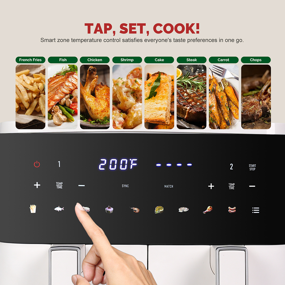 MIRASTON 10QT Dual Basket Air Fryer, 8-in-1 Smart Touchscreen with Sync Finish & Dual Zone Temp Control, 2 Separate Nonstick Baskets for Large Family, Aesthetic White for Any Countertop