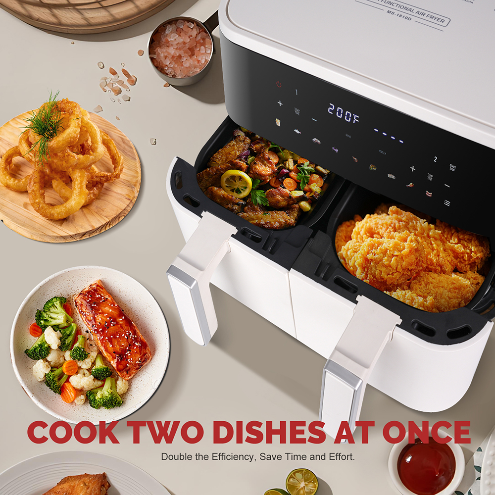 MIRASTON 10QT Dual Basket Air Fryer, 8-in-1 Smart Touchscreen with Sync Finish & Dual Zone Temp Control, 2 Separate Nonstick Baskets for Large Family, Aesthetic White for Any Countertop