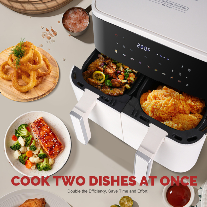 MIRASTON 10QT Dual Basket Air Fryer, 8-in-1 Smart Touchscreen with Sync Finish & Dual Zone Temp Control, 2 Separate Nonstick Baskets for Large Family, Aesthetic White for Any Countertop