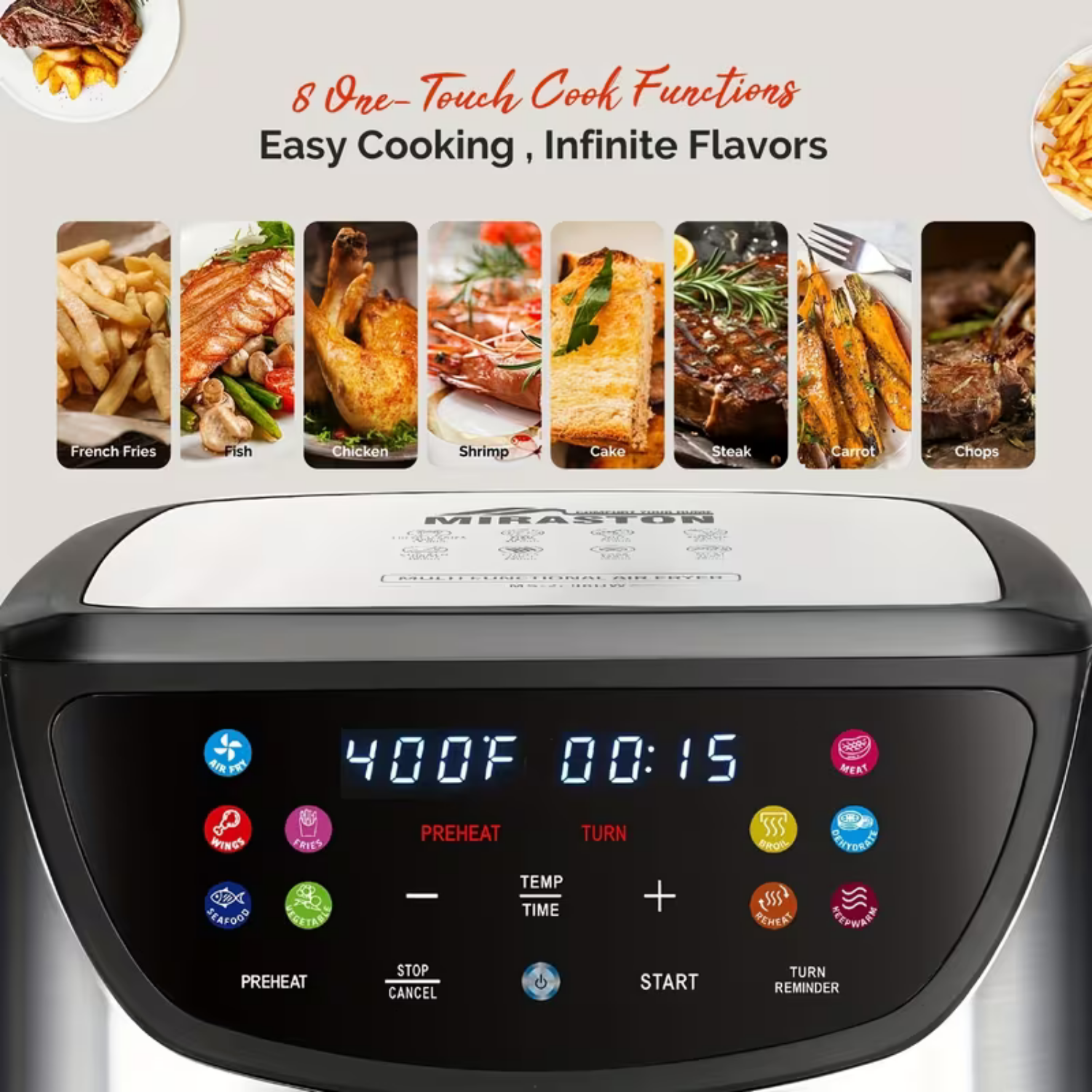 MIRASTON 8.5QT Large Capacity Air Fryer with Color Tilt-Screen, Better Viewing Angles, 10 Smart Presets, Visible Cooking Window, Stainless Steel, 1500W