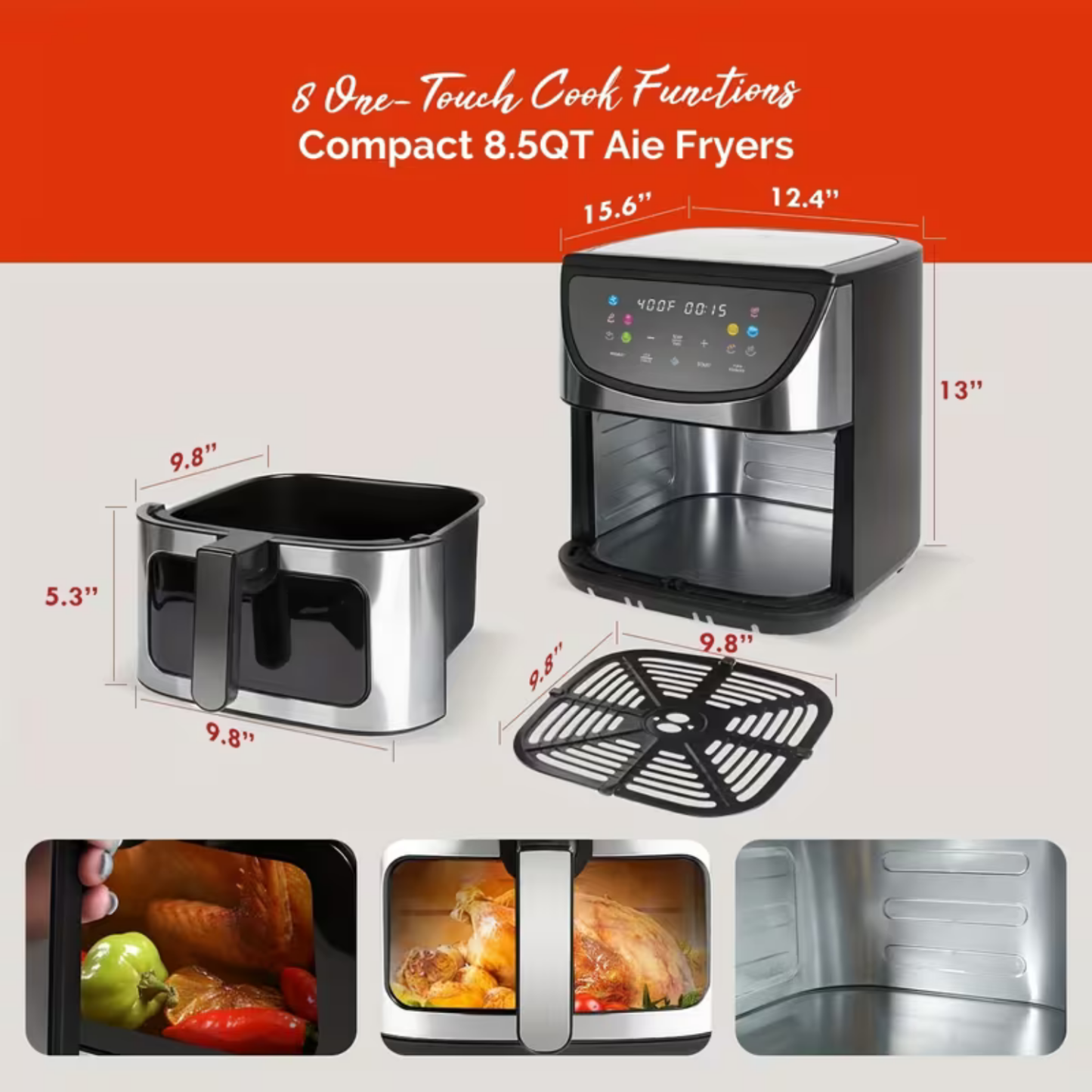 MIRASTON 8.5Qt Digital Glass Air Fryer,10 Prestes, 10-in-1 All-in-One for Family, Stainless Steel, Black