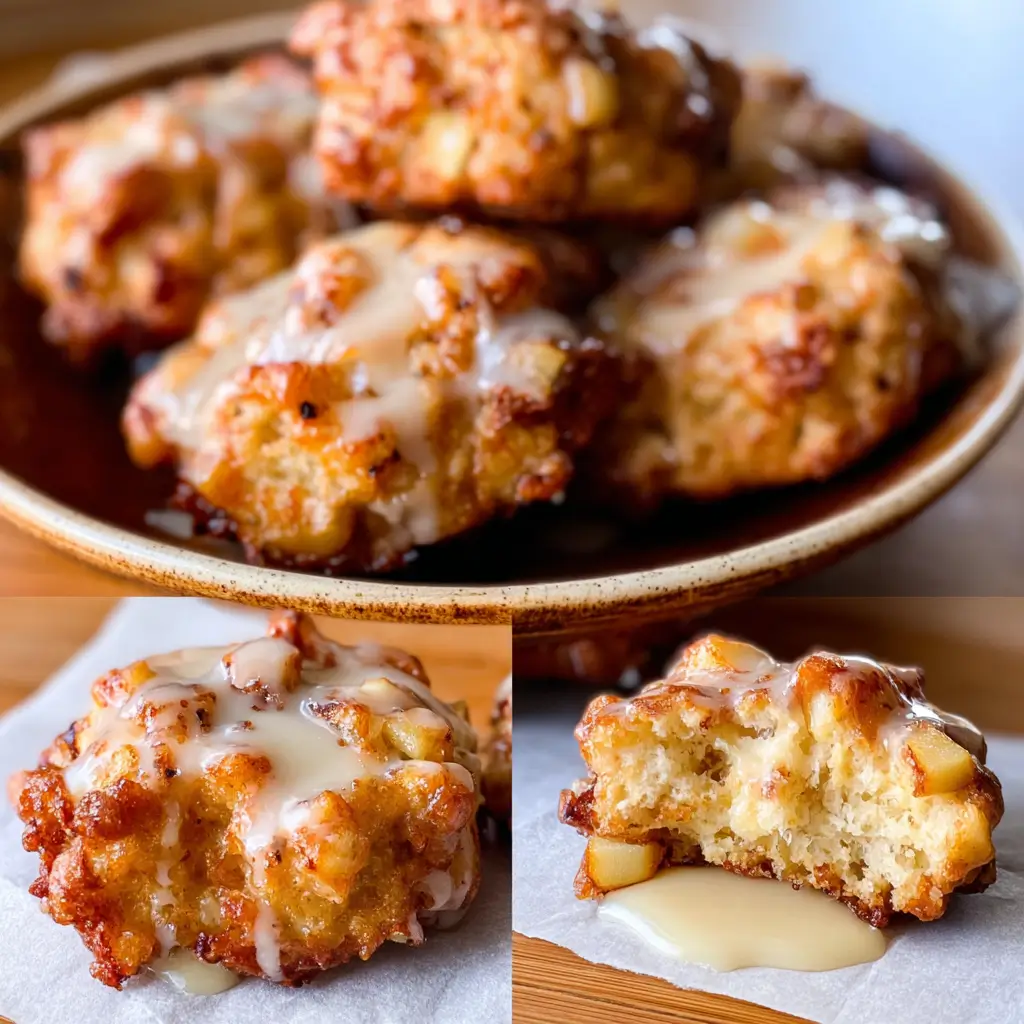 Air Fryer Apple Fritters shown whole and cut open with glaze dripping